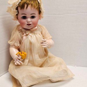 Vintage German Bisque Baby Doll Lace Dress Austria Teddy Bear Sleepy Eye 2 Teeth